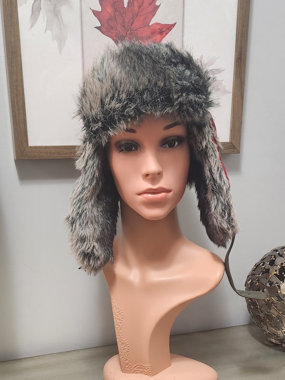 Faux Fur Trapper Hat in Red With Grey Fur - Women's/ Mens Warm Earflap Hat